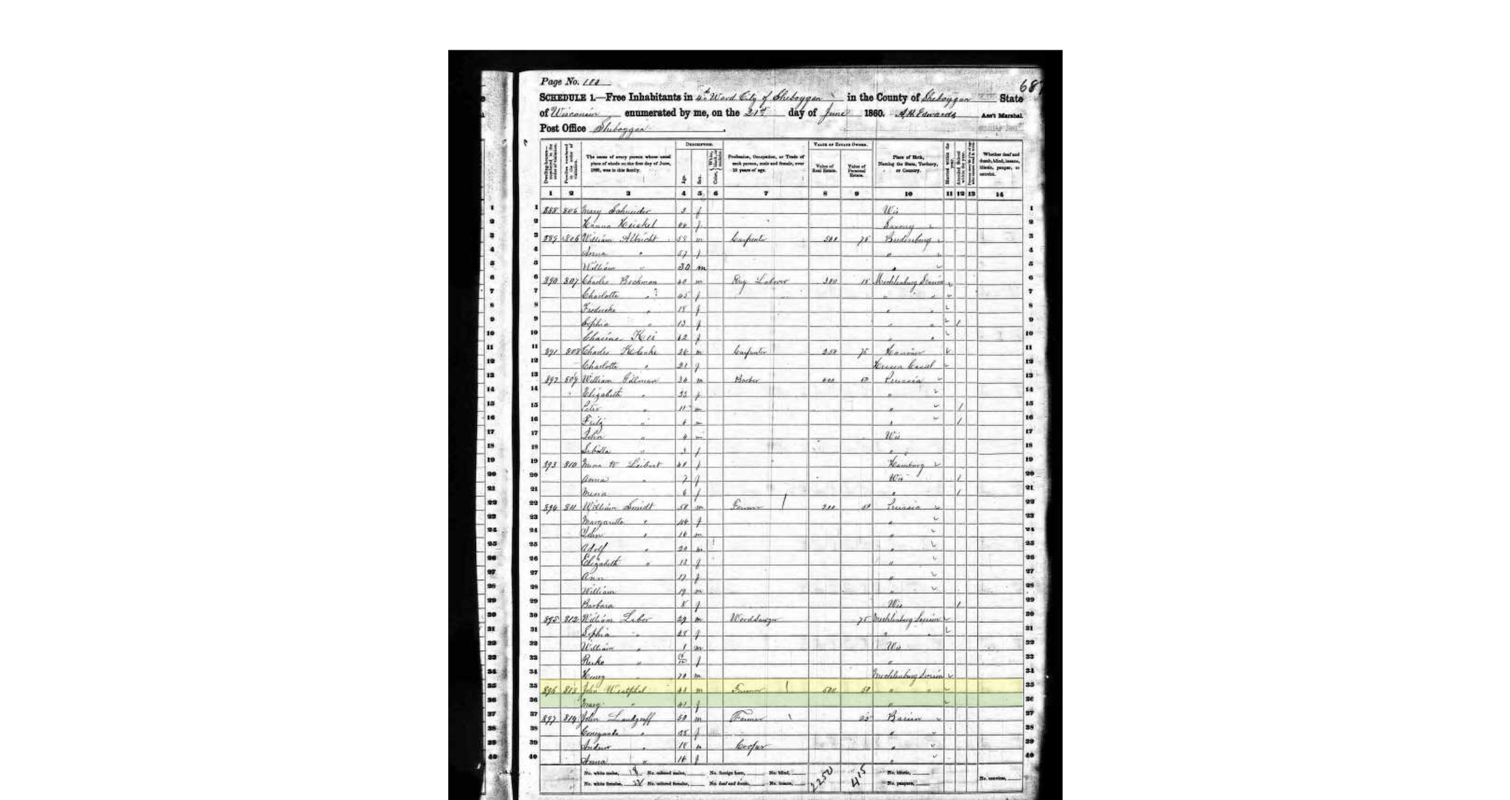 1860 Census, Westphal, John, 43 PRU, Mary 41 PRU.


