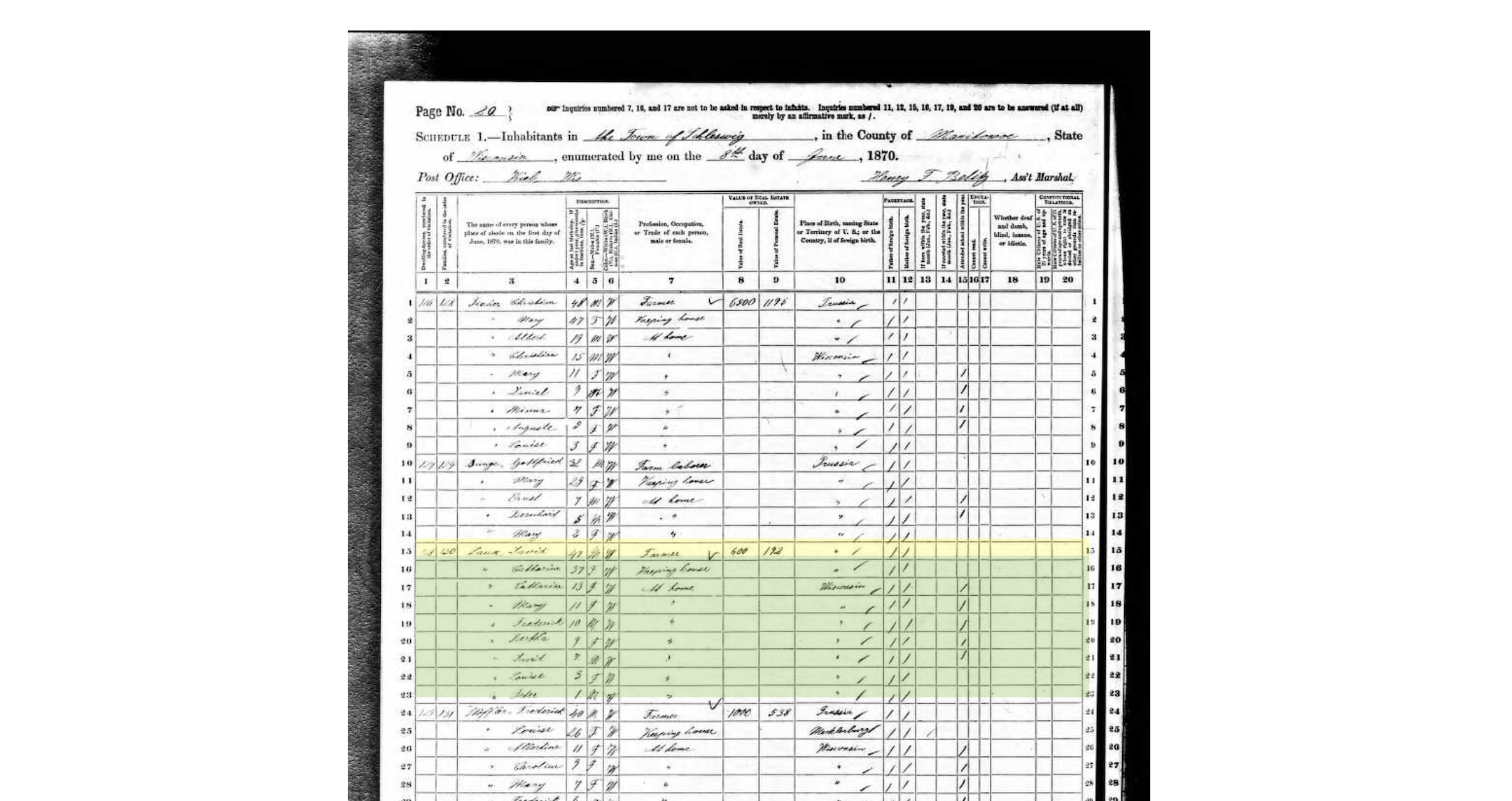 1870 Census Luax, David 47 PRU, Catherine 37 PRU, Mary 13 WI, Frederick 11 WI, Bertha 10 WI, David 7 WI, Louise 3 WI, Peter WI.