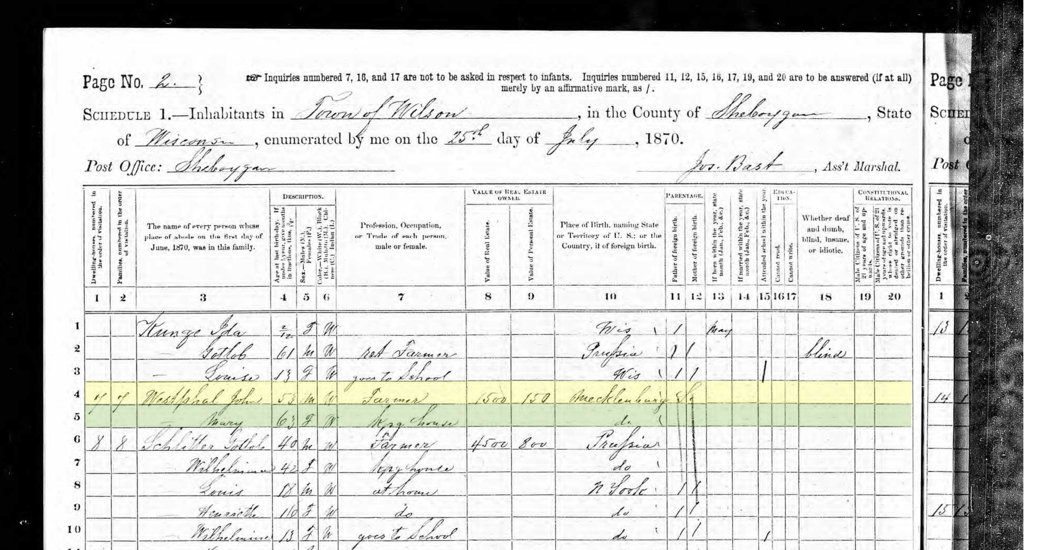 1870 Census, Westphal, John 53 PRU, Mary 63 PRU, Wilson, Sheboygan, WI.