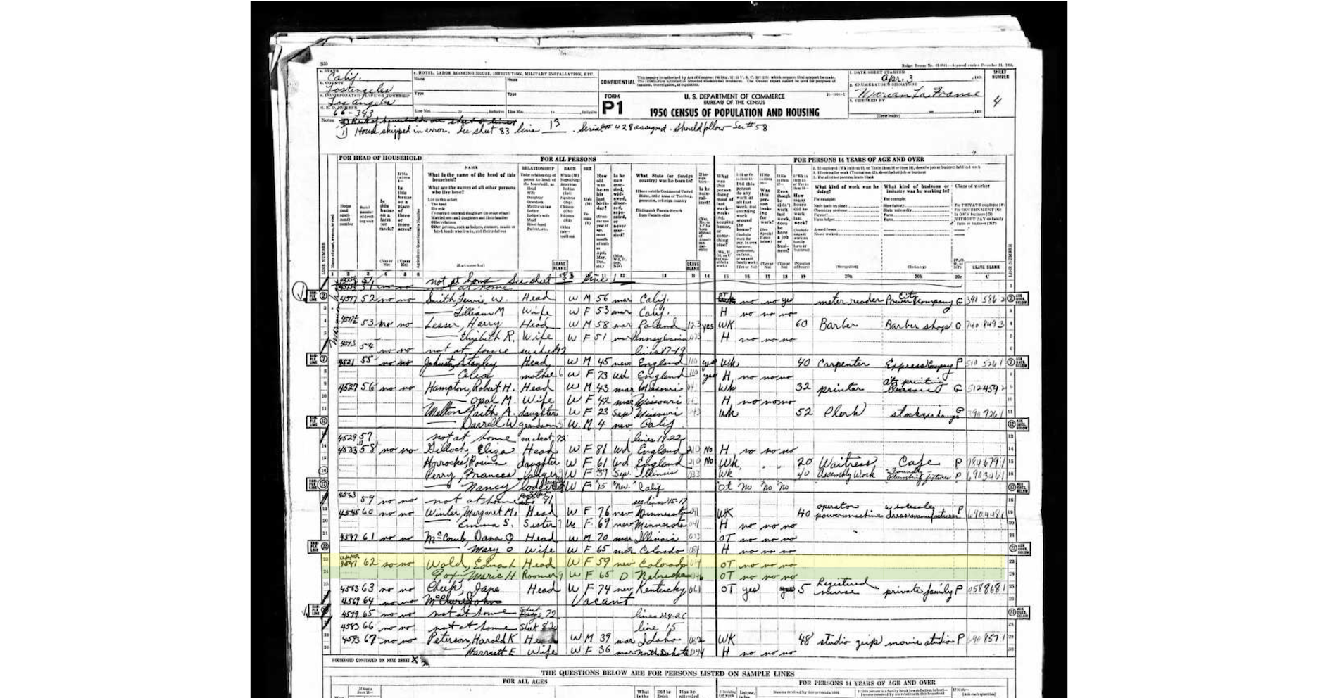1950 Census, McComb, Dana Quick, 70 IL, Mary Olive 65, CO, Edna L. Wold 59 C, LA, LA, CA, ED 66-343, Sht 4.